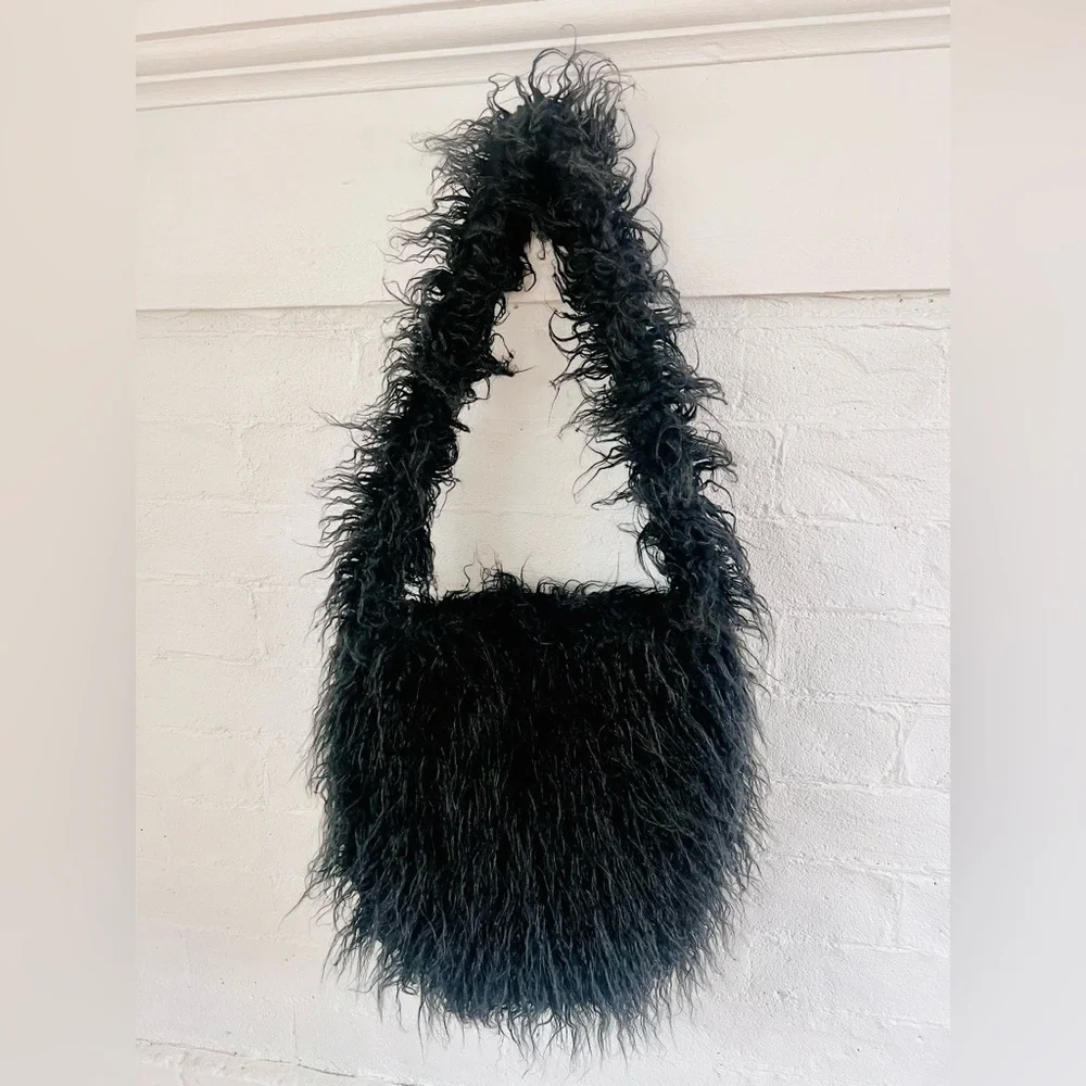 Dolls Kill Widow Faux Fur Bag Black Long Hair Furry Vegan Mongolian Lamb NWOT - Picture 6 of 13